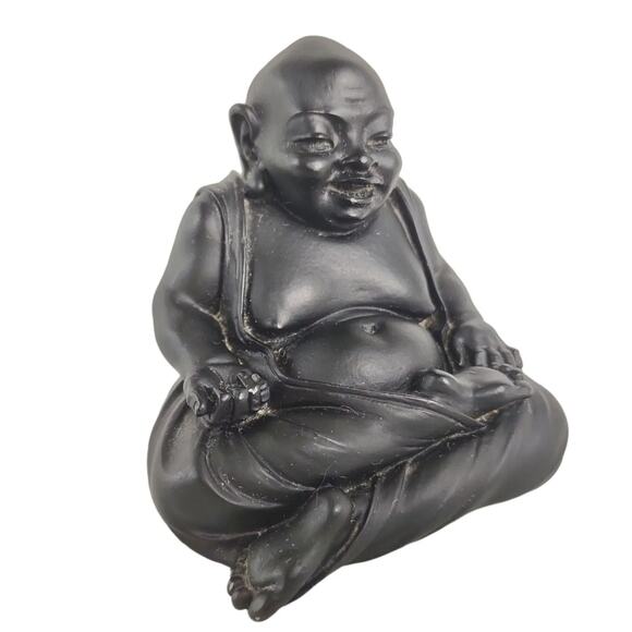 Vintage Laughing Happy Sitting Black Buddha Figurine Statue 3.25" Resin - Picture 1 of 5